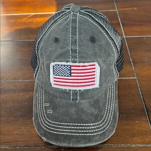 Ball Cap Adjustable Baseball Cap Hat USA Flag Distressed Ponytail Preowned